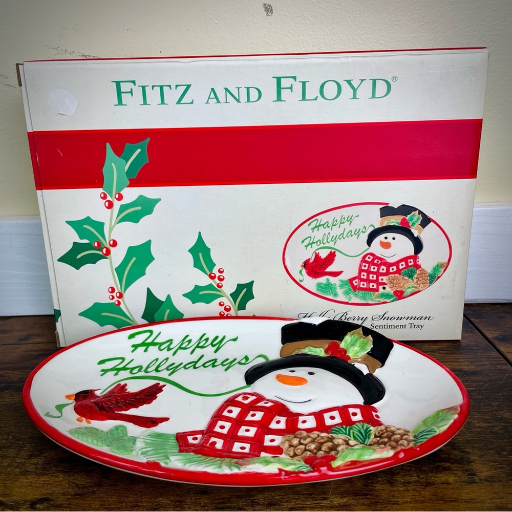 Fitz and Floyd Happy Hollydays Snowman Sentiment Tray | Holiday Holly Berry Plat